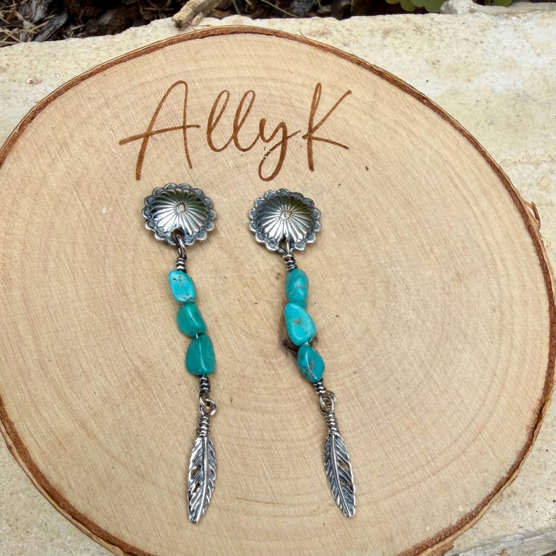 Scalloped Concho Turquoise Nugget Earrings • Sterling Silver • Feather Dangle image 7