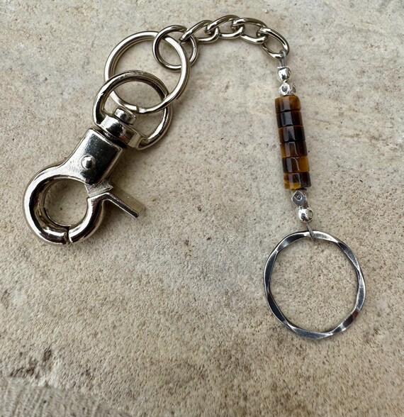 Tiger's Eye gemstone keychain and sterling silver oxidized circle charm