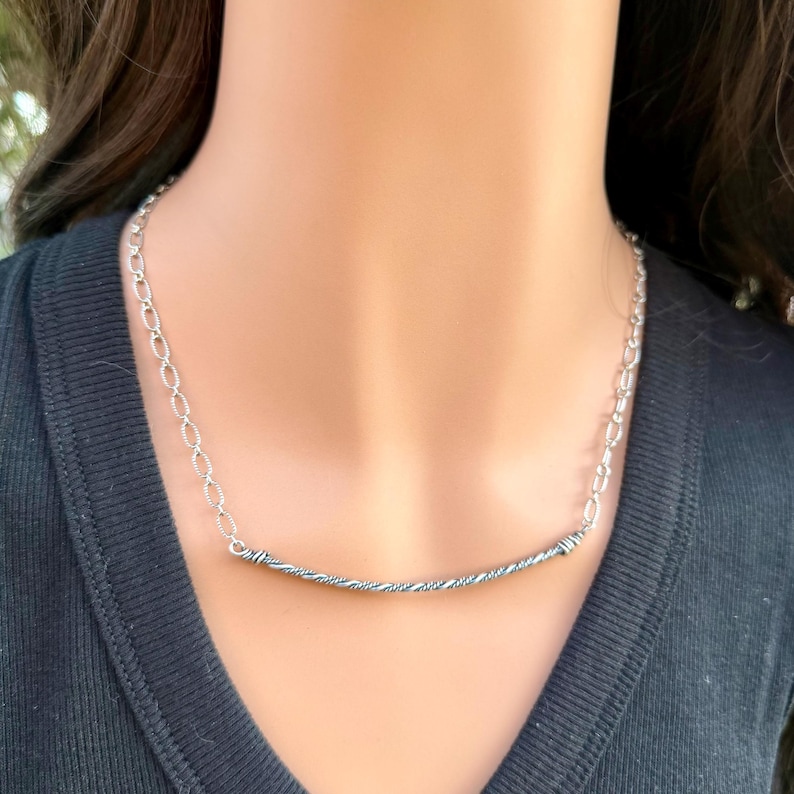 Sterling Silver Bar Necklace • Hand‑Forged Twisted Bar • Rustic Chain image 5