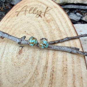 May include: A pair of turquoise and brown stone stud earrings with a silver-colored scalloped edge. The earrings are displayed on a small branch, resting on a wooden surface. The name "Ally K" is etched into the wood.