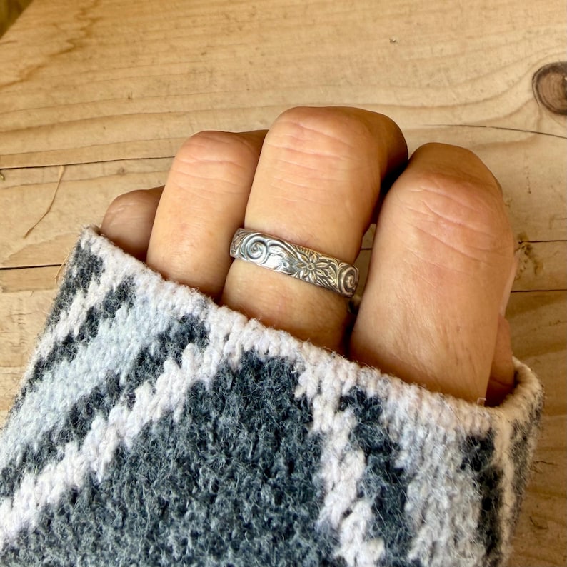 Sterling Silver Daisy Band Ring | Wide Band Elegance image 6