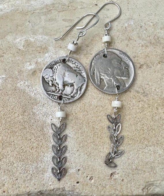 Indian head buffalo nickel earrings with chain and white turquoise gemstone / coin earrings