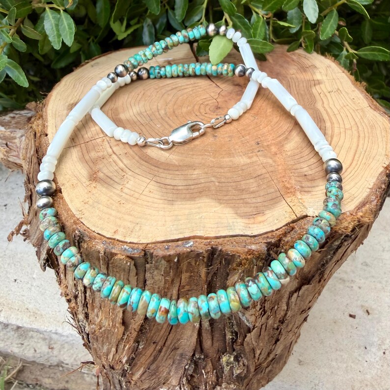 Mother of Pearl, Kingman Turquoise & Desert Pearl Choker • Sterling Silver • Southwestern Jewelry image 9
