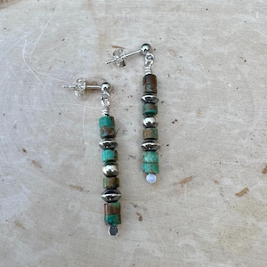 Navajo Pearls Turquoise Dangle Drop Post Earrings, Tiny Sterling Silver Drop Earrings, Southwestern Style, Boho Jewelry