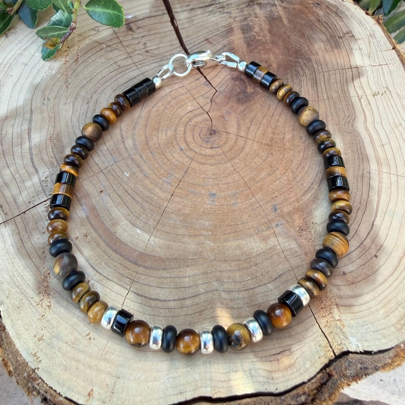 Tigerauge Armband • 4 mm Mischschnitte • Schwarzer Onyx • Sterlingsilber-Verschluss Bild 1