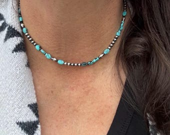 Royston Turquoise & Desert Pearl Choker • Sterling Silver Necklace • Hand‑Strung