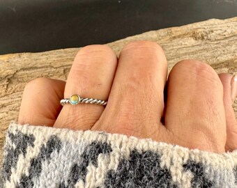 Sterling Silver Turquoise Cabochon Ring | Minimalist Rope Twist Wire Stackable Band