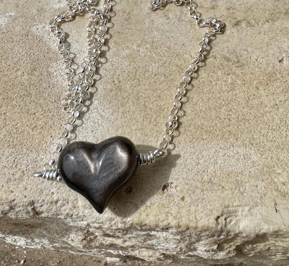 Obsidian Gemstone Puffy Heart Necklace, Heart Pendant, Obsidian Necklace, Gemstone Jewelry, Gift for Her, Black Stone