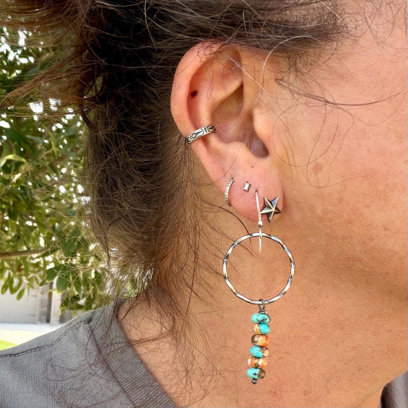 Sterling Silver Spiny Oyster & Turquoise Dangle Drop Earrings • Long Drop Style image 4