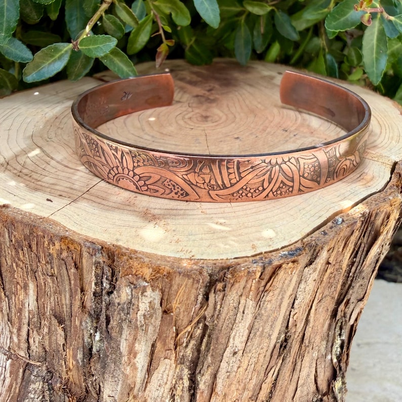 Southwest Floral Copper Cuff • Hand‑Forged Raw Copper Bracelet • Flower Doodle Pattern image 1