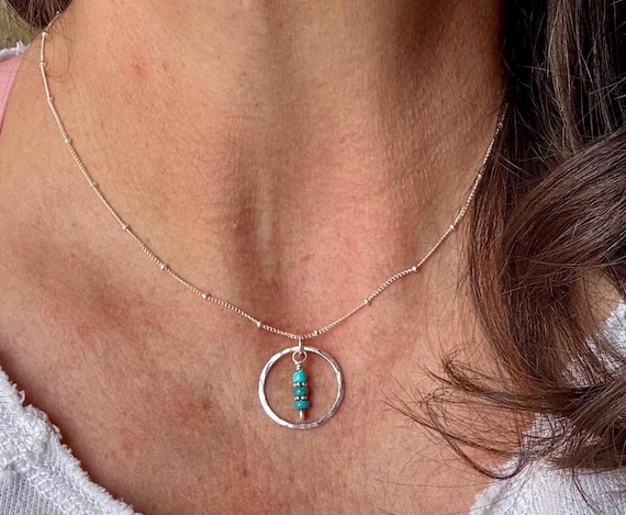 Arizona Blue Turquoise Necklace, Sterling Silver Daisy Spacers, Circle Pendant, Satellite Chain, 925 Necklace