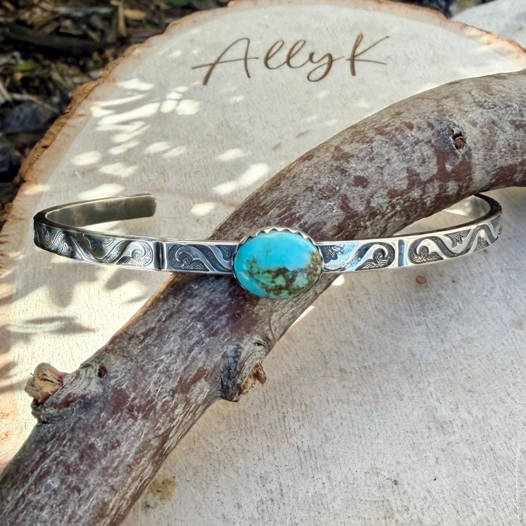 Kingman Turquoise Cuff Bracelet • Sterling Silver Scroll Band • 8×10 ...
