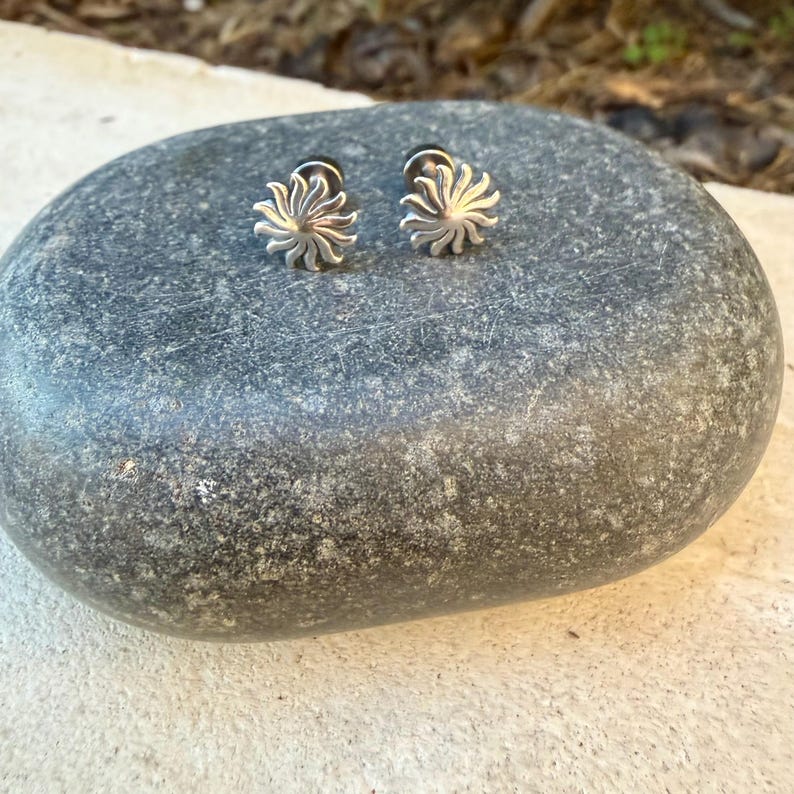 May include: A pair of silver-toned stud earrings featuring a sunburst design with multiple radiating rays. The earrings are metallic with a polished finish and are shaped like a stylized sun with a central point and curved, tapered rays.