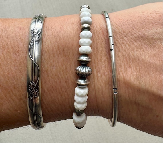 Navajo Pearl Bracelet, White Turquoise Bracelet, Sterling Silver Beaded Gemstone Jewelry, Handmade Elegant Gift