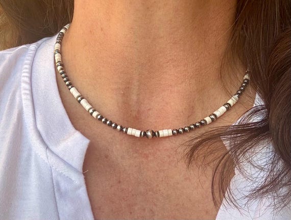 Navajo Pearl and White Turquoise Necklace, Sterling Silver Gemstone Beaded Necklace, Turquoise Choker, Authentic Navajo Pearl Necklace