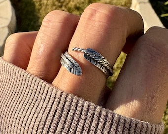 Sterling Silver Feather Wrap Ring • Hand‑Forged Adjustable Guardian Angel Jewelry