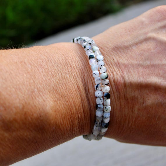 Rainbow Moonstone with Black Tourmaline Double Wrap Carbon Steel Memory Wire Bracelet, Gemstone Jewelry, Stretch Bracelet