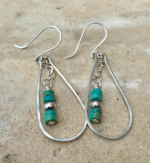 Turquoise Navajo Pearl Earrings, Sterling Silver Heart Chain, Teardrop Dangle, Gemstone Jewelry, Gift for Her