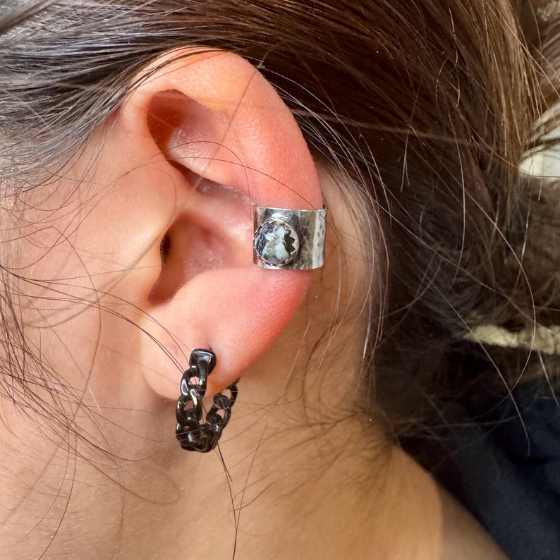 Sterling Silver 6mm Genuine White Buffalo Ear Cuff | Wide Conch Band | No-Piercing Earring image 8
