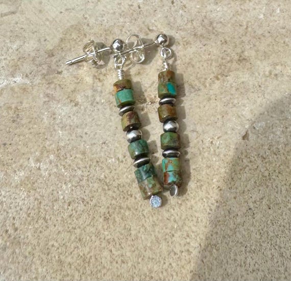 Navajo pearls with turquoise dangle drop post earrings / tiny sterling silver drop earrings