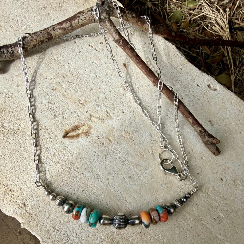 Spiny Oyster Turquoise Bar Necklace • Desert Pearls • Sterling Silver Southwest Necklace image 8