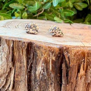 May include: A pair of silver-toned stud earrings. Each earring features a textured design with small, circular indentations. The earrings are displayed on a wooden surface with green foliage in the background.