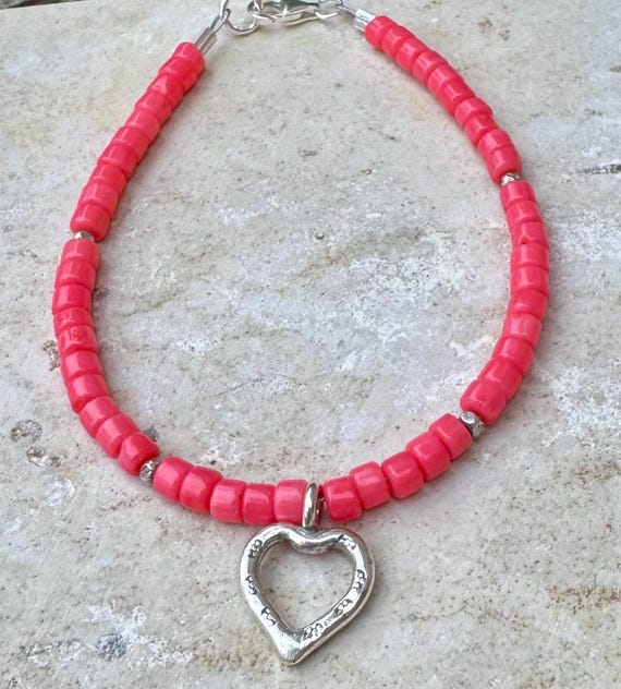 Pink coral bracelet / sterling silver beaded gemstone bracelet