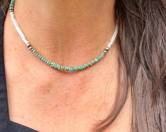 Mother of Pearl, Kingman Turquoise & Desert Pearl Choker • Sterling Silver • Southwestern Jewelry