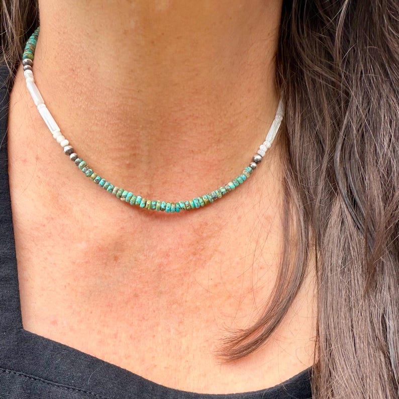 Mother of Pearl, Kingman Turquoise & Desert Pearl Choker • Sterling Silver • Southwestern Jewelry image 1