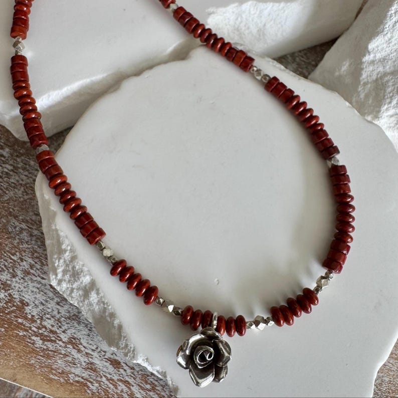 Red Jasper Necklace: Sterling Silver Rose Pendant, Gemstone Jewelry image 5