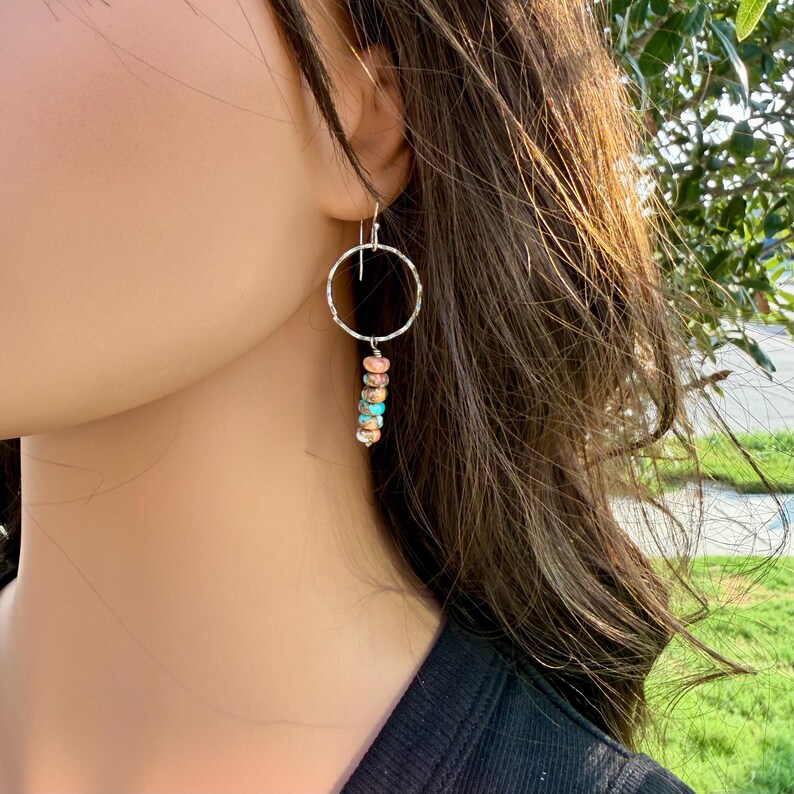 Sterling Silver Spiny Oyster & Turquoise Dangle Drop Earrings • Long Drop Style image 10