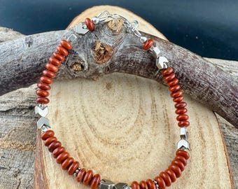 Stackable Red Jasper & Hematite Bracelet – Sterling Silver Beaded Gemstone Accessory