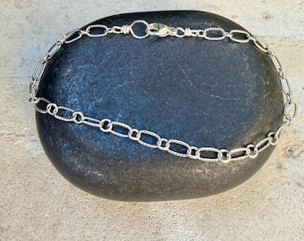 Silver Oval Link Bracelet • Textured Sterling Chain • Everyday Layering