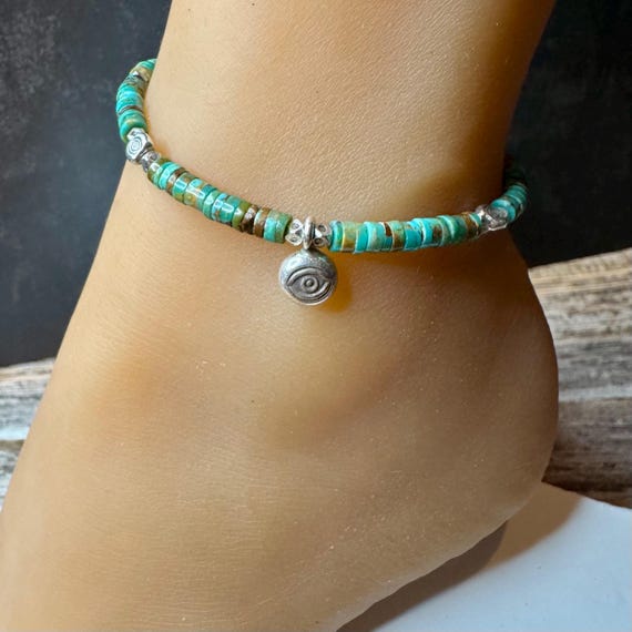 Turquoise Sterling Silver Ankle Bracelet, Evil Eye Charm Ankle Bracelet, Sterling Ankle Jewelry, Gemstone Ankle Bracelet, Gift Idea