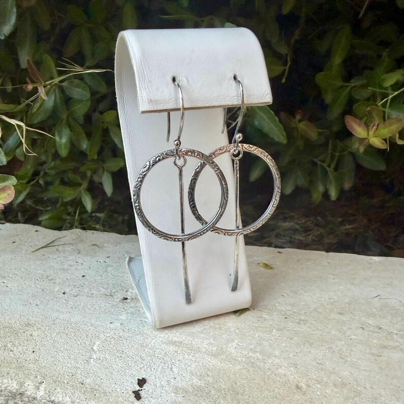 Rustic Sterling Silver Circle Dangle Earrings • Long Drop Style image 10