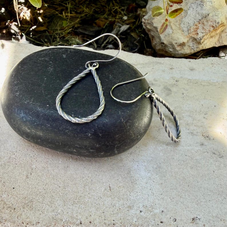Sterling Silver Teardrop Drop Earrings – Rustic Twisted Wire Pattern image 6