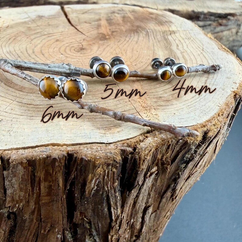 Puede incluir: Tres pares de pendientes de bot&oacute;n redondos con piedras de ojo de tigre marr&oacute;n engastadas en metal plateado. Los pares est&aacute;n etiquetados con los tama&ntilde;os 6mm, 5mm y 4mm, indicando sus di&aacute;metros respectivos.