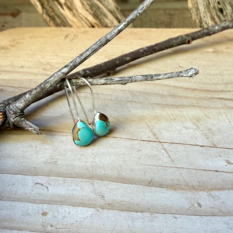 Pu&ograve; includere: Un paio di orecchini a forma di goccia con pietre di turchese levigate con motivi a matrice marrone, incastonate in castoni d'argento. Gli orecchini pendono da semplici ganci in argento, mostrando un design liscio e arrotondato.