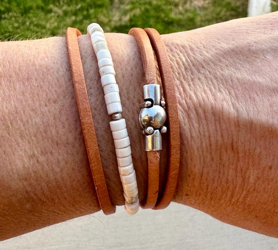 Sterling Silver Wrap Bracelet, White Turquoise Gemstone Bracelet, Leather Jewelry, Genuine Leather Gift, Stylish Wristwear