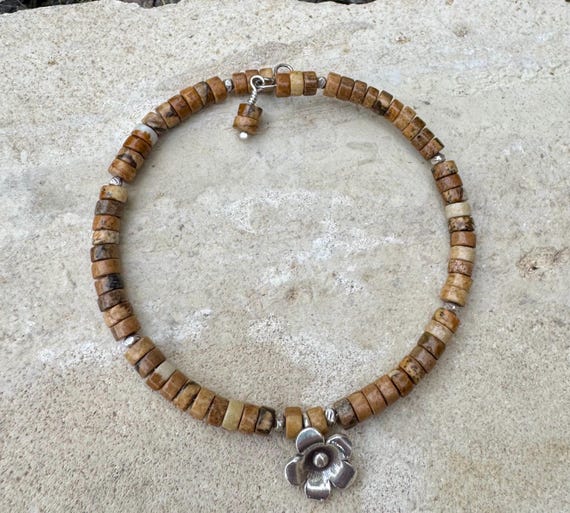 Jasper Memory Wire Bracelet, Carbon Steel Bracelet, Sterling Silver Spacers, Charm Bracelet, Picture Jasper Gemstone