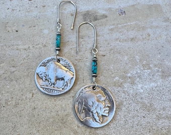 Buffalo Nickel & Royston Turquoise Earrings • Sterling Silver Dangles