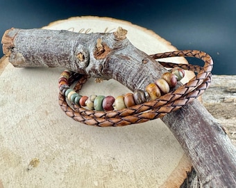 Picasso Jasper Braided Leather Multi Wrap Bracelet - Unisex Sterling Silver Cuff