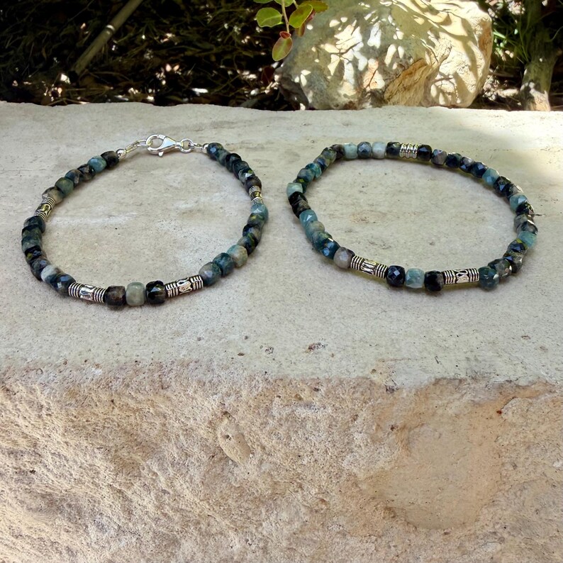 Blue Tourmaline Bracelet • 4mm Stones • Bali Silver Accents image 6
