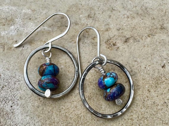 Sterling Silver Purple Turquoise Earrings, Oxidized Sterling Silver Circles Dangle, Spotted Mohave Gemstone, Unique Jewelry, Women's Gift