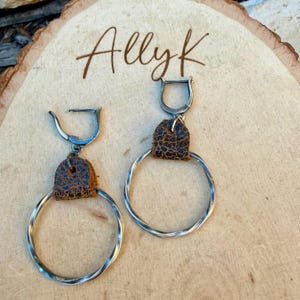 Black Leather Dangle Earrings • Sterling Silver Lever Back • Twisted Rope Circles image 8