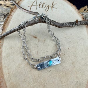 Sterling Silver Turquoise Double Strand Bar Chain Bracelet • Minimal Western Style • Number 8 Turquoise image 8