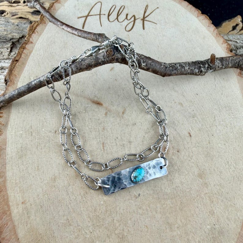 Sterling Silver Turquoise Double Strand Bar Chain Bracelet • Minimal Western Style • Number 8 Turquoise image 8