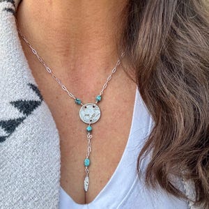 Buffalo Nickel Lariat Halskette • Royston Türkis • Sterling Silber Feder • Vintage Southwest Schmuck