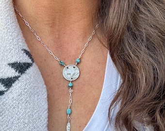 Buffalo Nickel Lariat Necklace – Royston Turquoise, Sterling Silver Feather, Vintage Southwest Jewelry
