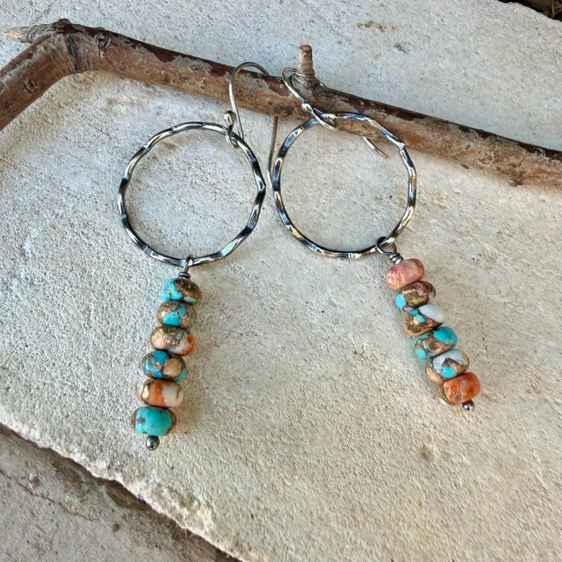 Sterling Silver Spiny Oyster & Turquoise Dangle Drop Earrings • Long Drop Style image 9